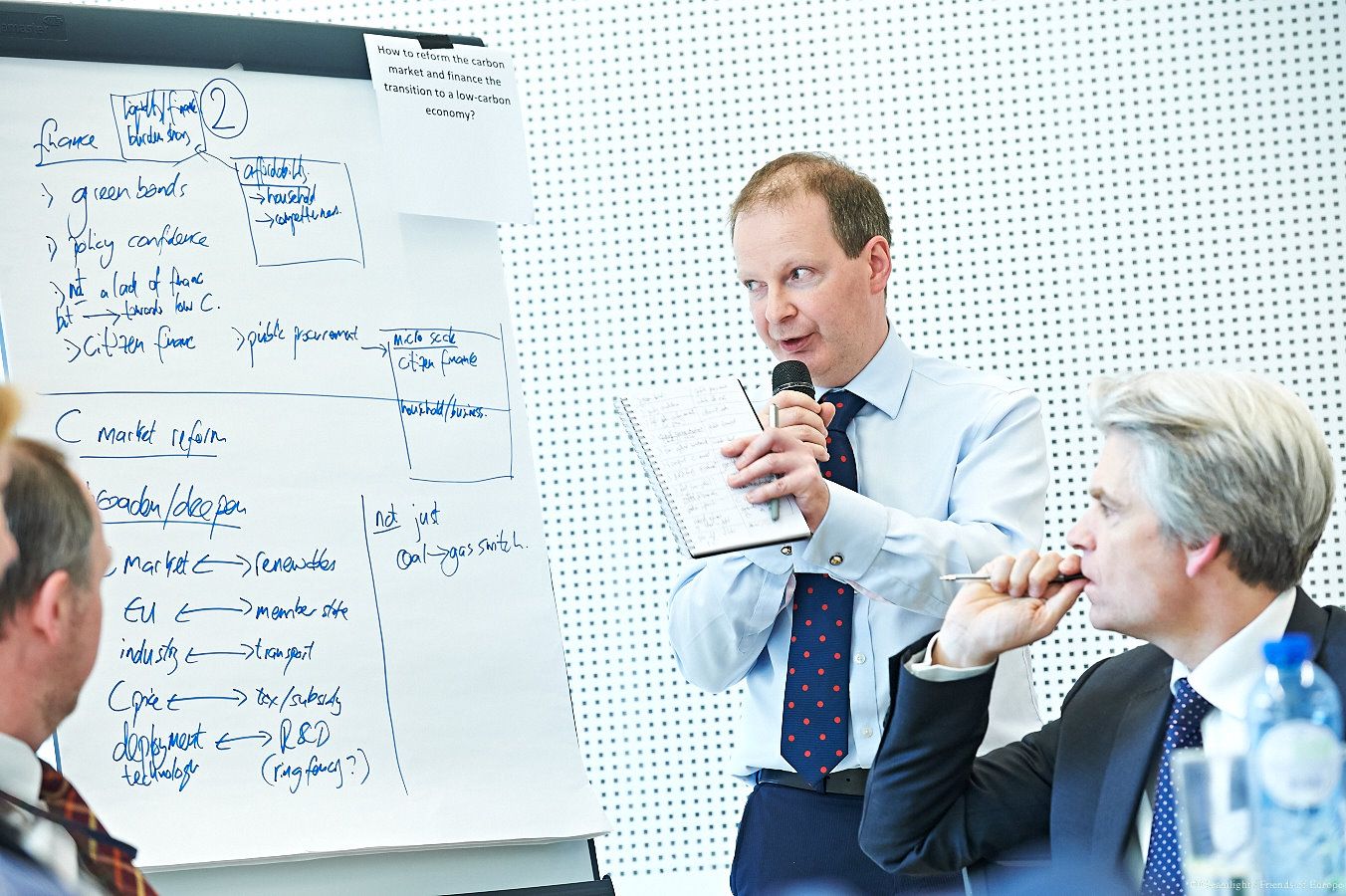 Professional meeting with whiteboard notes and strategic planning materials visible in background.