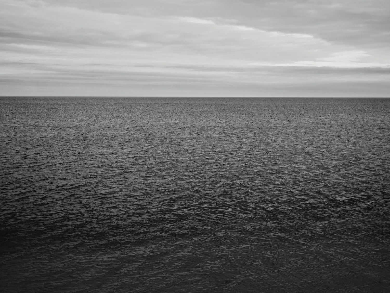 Black and white seascape showing calm ocean waters meeting an overcast sky at the horizon.