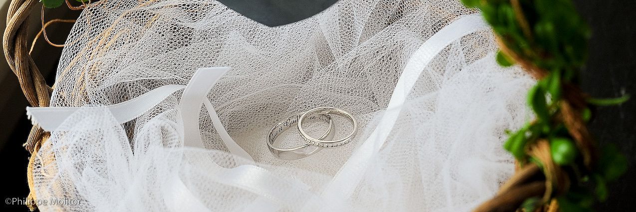 Two silver wedding bands rest on white tulle fabric in a rustic wicker basket, surrounded by greenery.