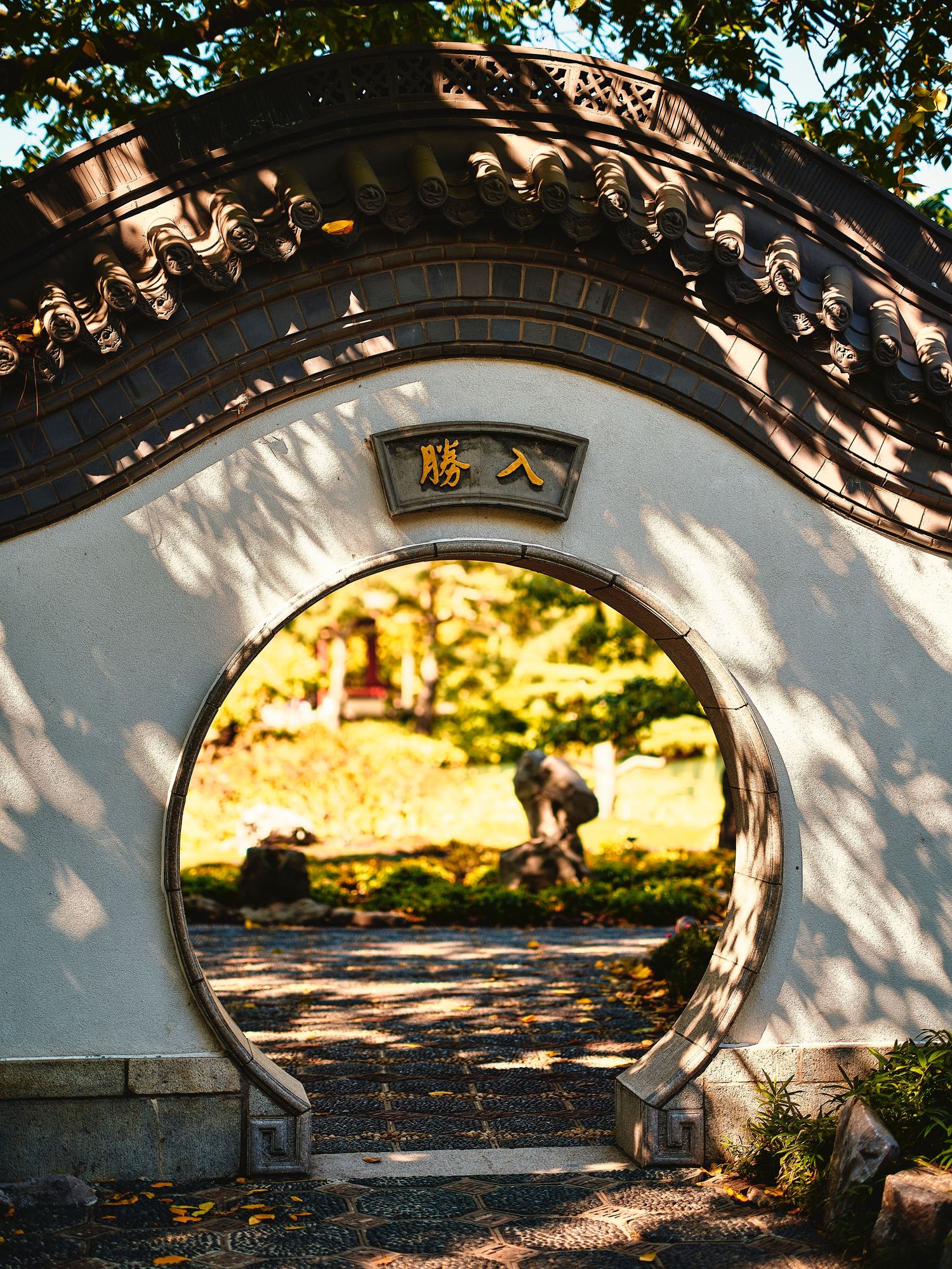 Traditional Chinese garden wall with a circular moon gate entrance casting dappled shadows.