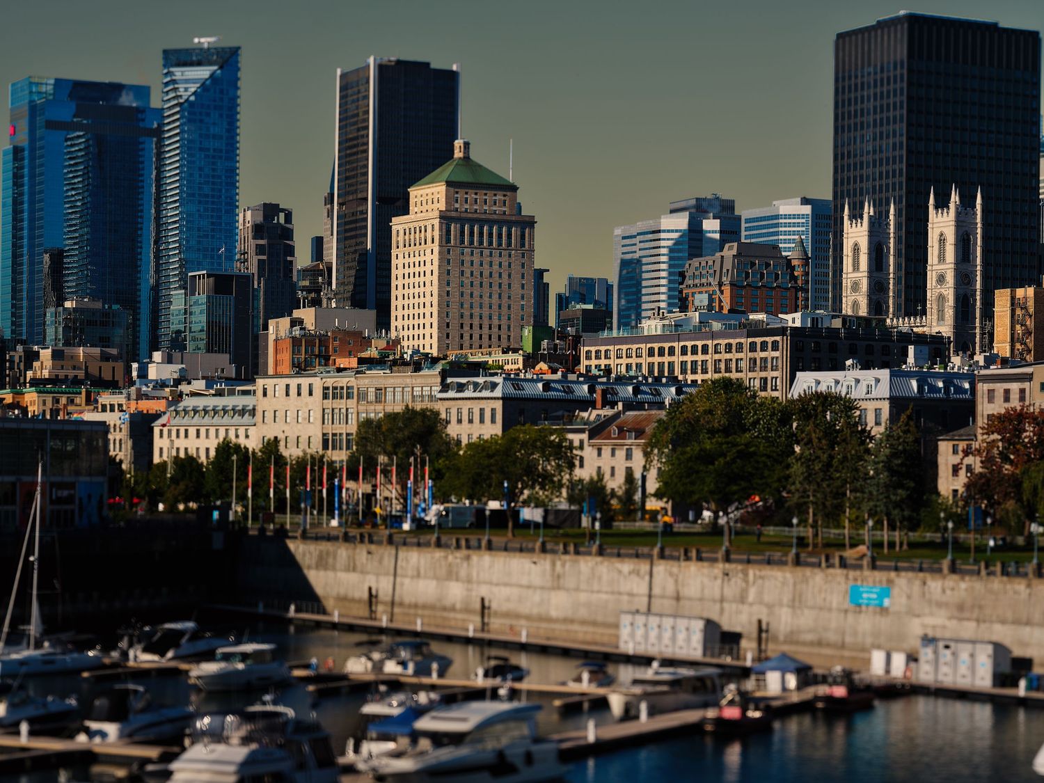Montreal skyline with historic Old Port waterfront, marina with boats, and modern skyscrapers under a clear sky.