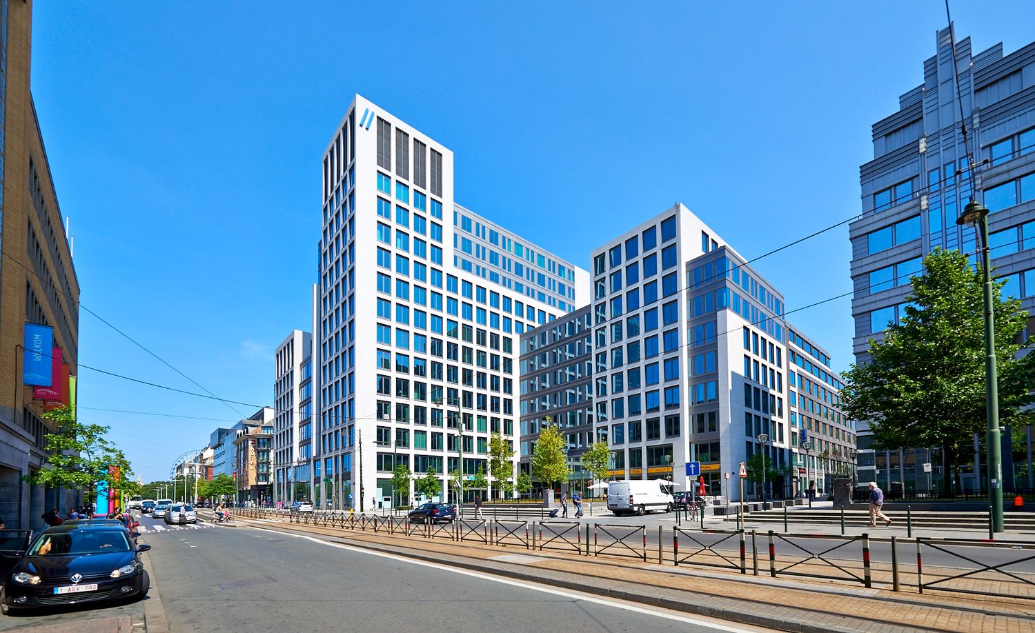 Modern office buildings and streets in an urban business district panoramic view.