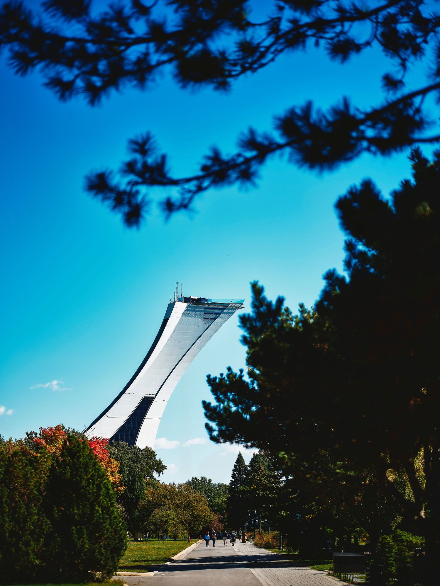 The iconic Montreal Olympic Stadium tower rises above lush green trees under a vivid blue sky on a sunny day.