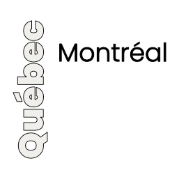 Quebec and Montreal official logo featuring rotated Quebec text alongside bold Montreal typography in black and white.