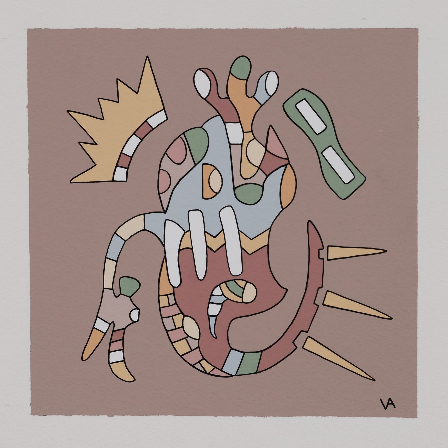 Minimalist art piece showing geometric shapes and lines in pastel colors.