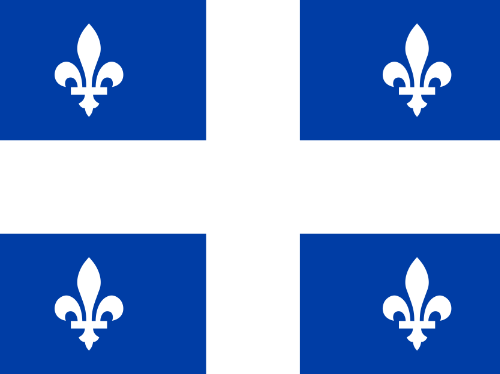 A repeating pattern of Quebec flags with white fleur-de-lis symbols on royal blue backgrounds.