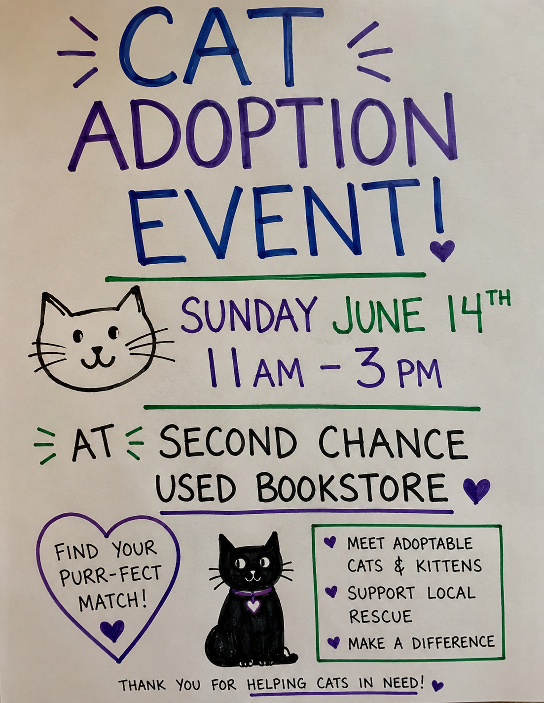 Colorful handmade flyer for a Cat Adoption Event on Sunday June 14th, 11AM-3PM at Second Chance Used Bookstore.