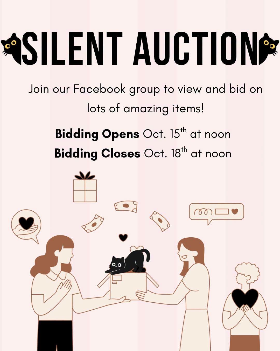 Silent auction flyer with bidding open Oct 15th at noon and closing Oct 18th at noon, join Facebook group to bid.