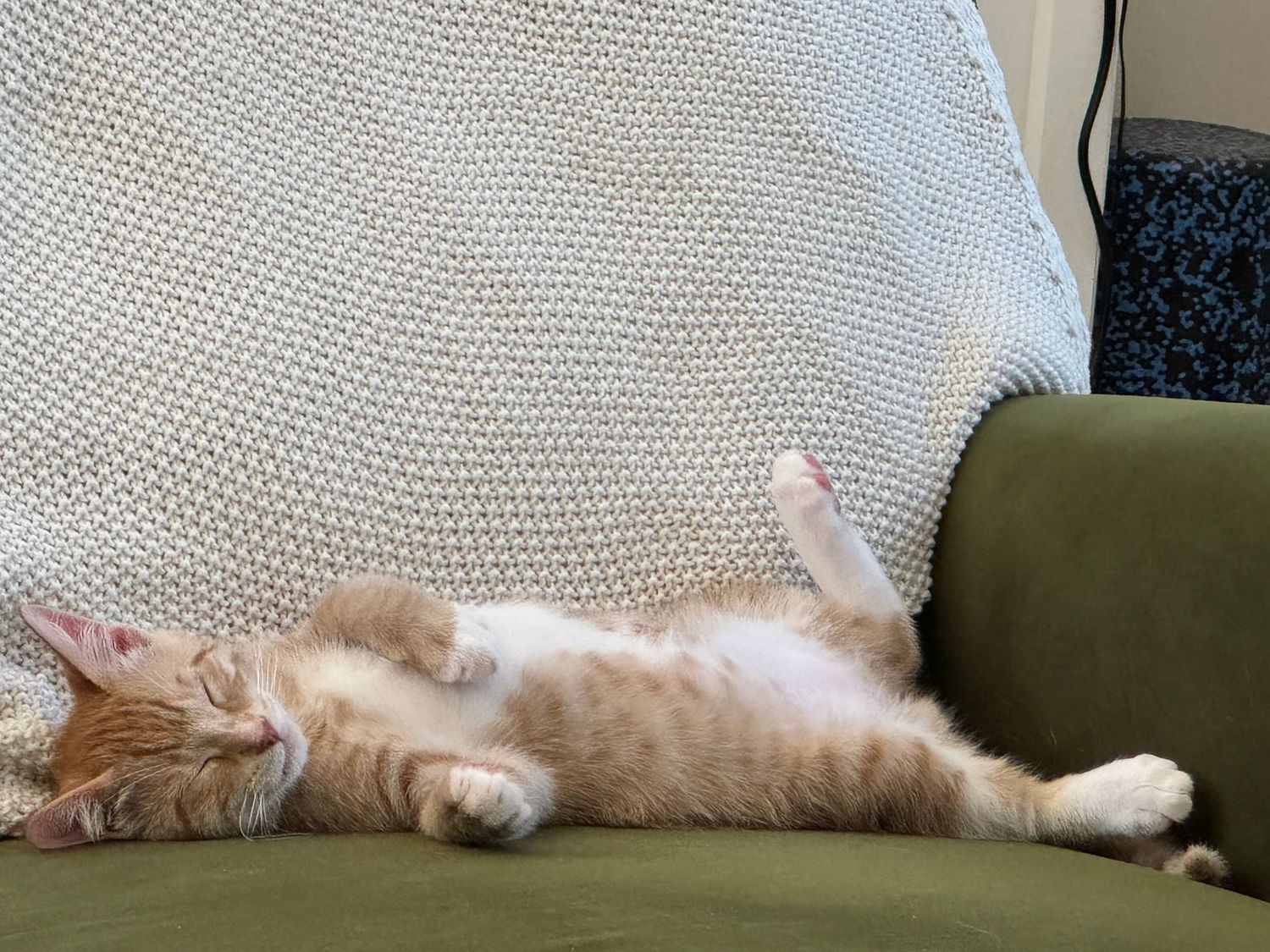 An orange and white tabby cat sleeps belly-up and stretched out on a green armchair beside a cream knitted blanket.