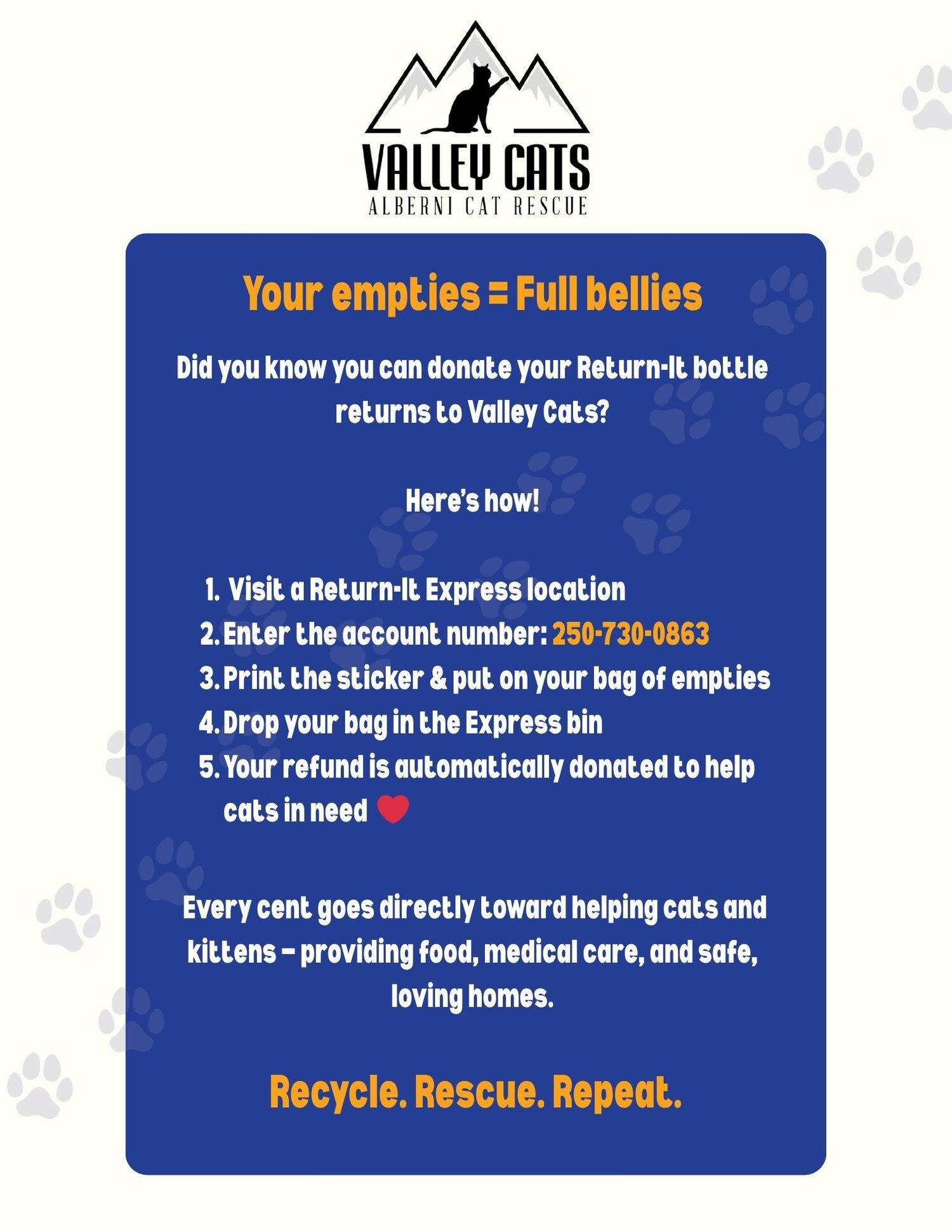 Valley Cats Alberni Cat Rescue flyer explaining how to donate Return-It bottle refunds to help feed and care for cats in need.