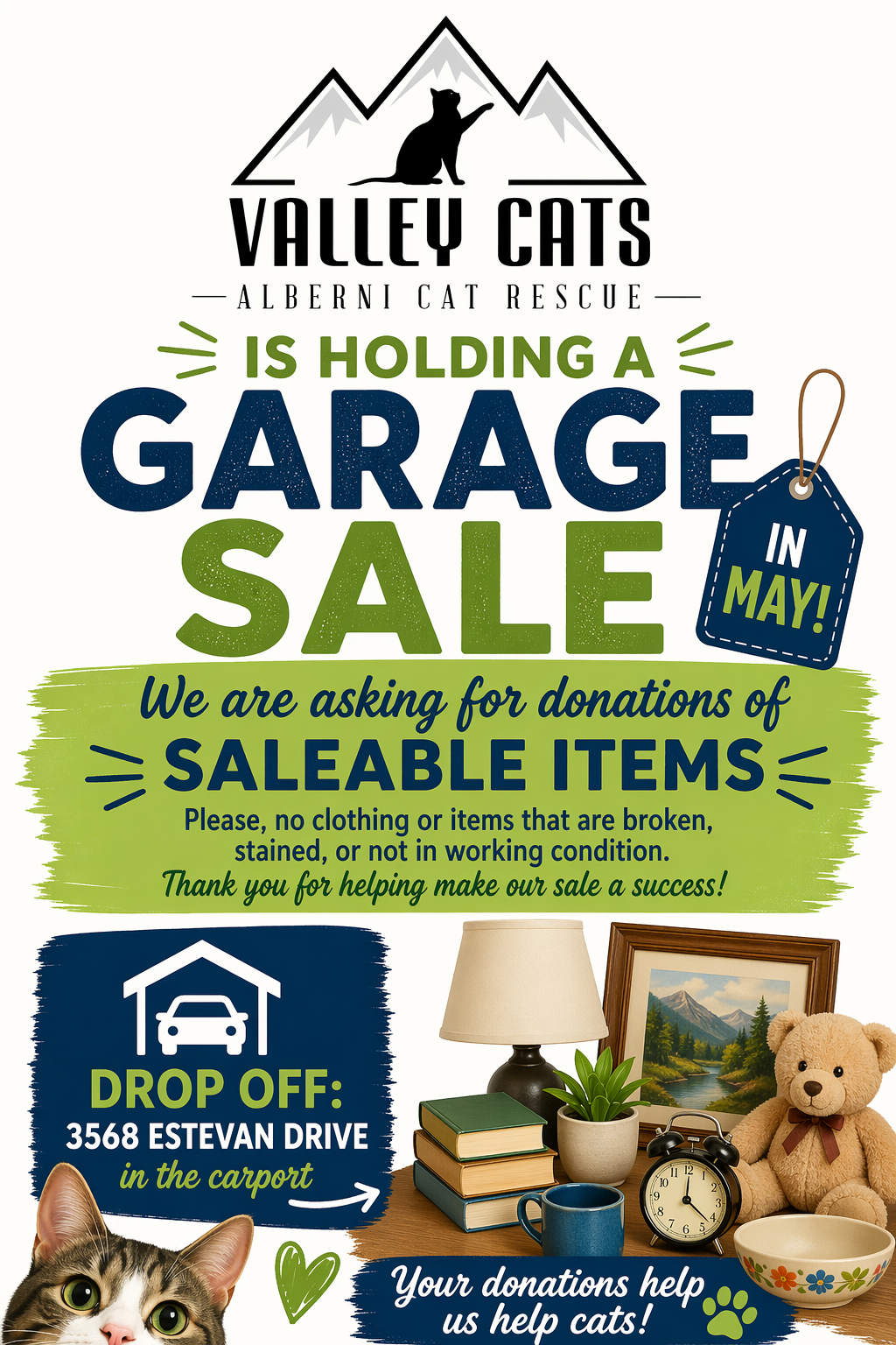 Valley Cats Alberni Cat Rescue garage sale flyer seeking saleable item donations, drop off at 3568 Estevan Drive carport.