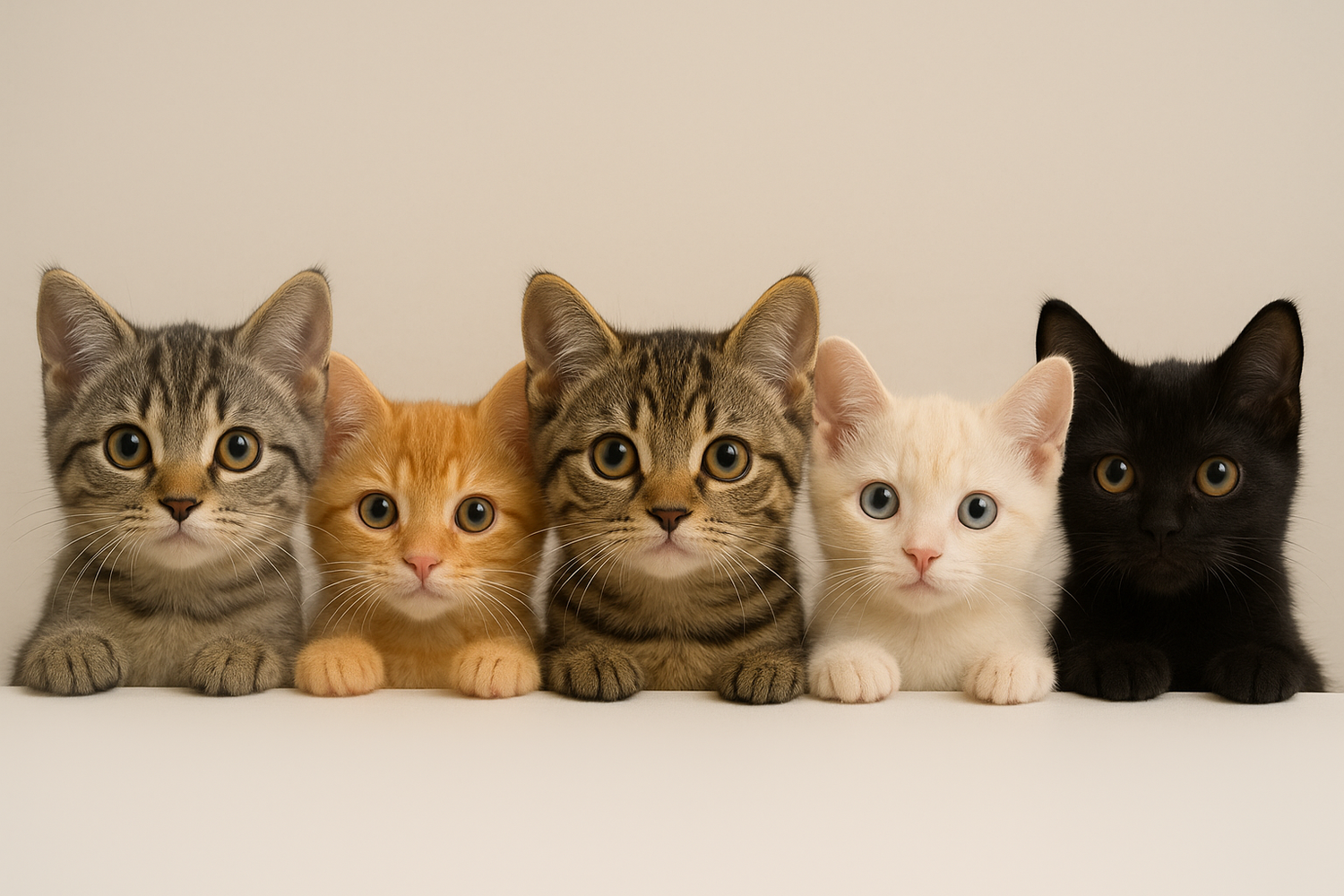 Row of different colored kittens sitting in line against beige background.