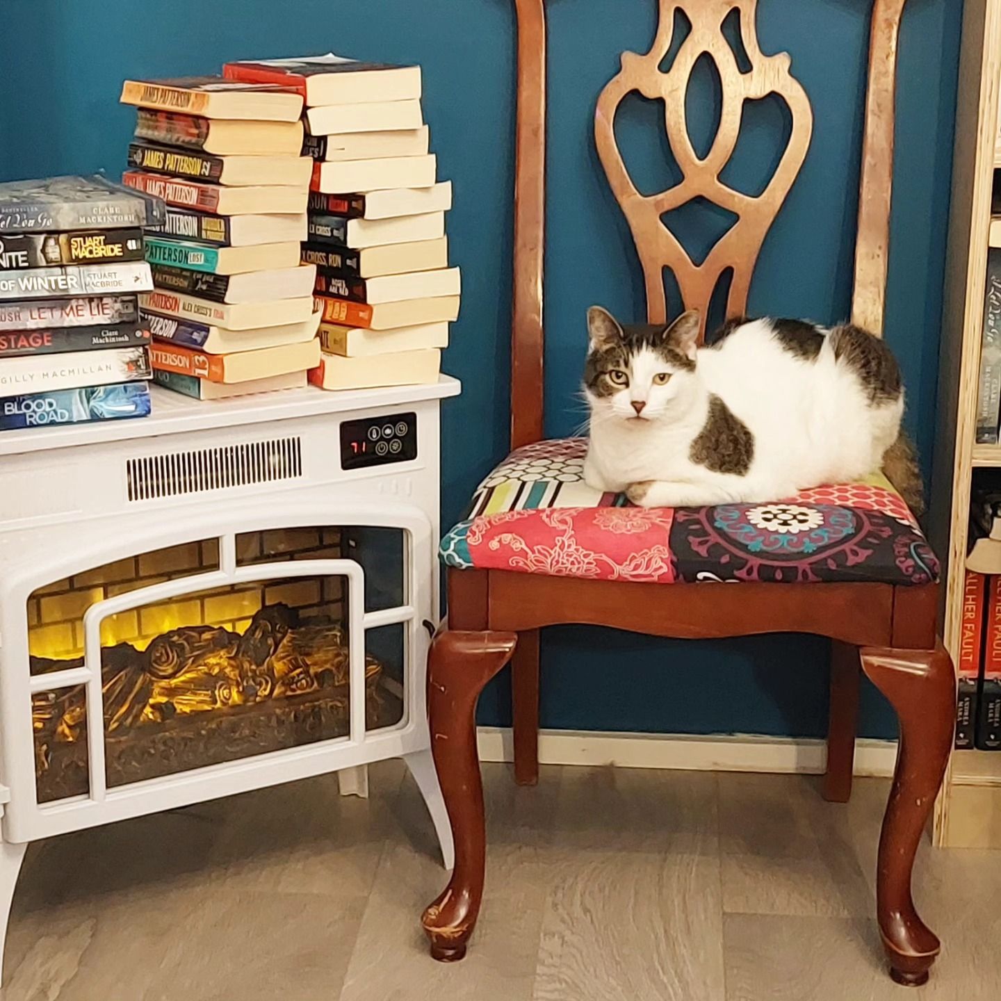 A calico cat rests on an ornate wooden chair beside a tall stack of colorful books and a white decorative fireplace.