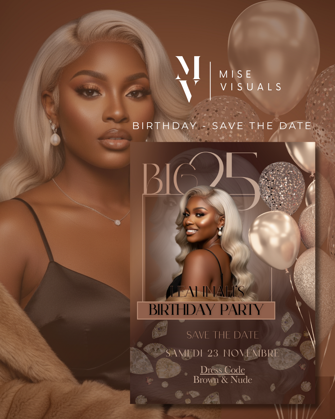 Mockup d'inviataion d'anniversaire dans des tons marrons avec des ballons, des diamants et une élégante typographie.