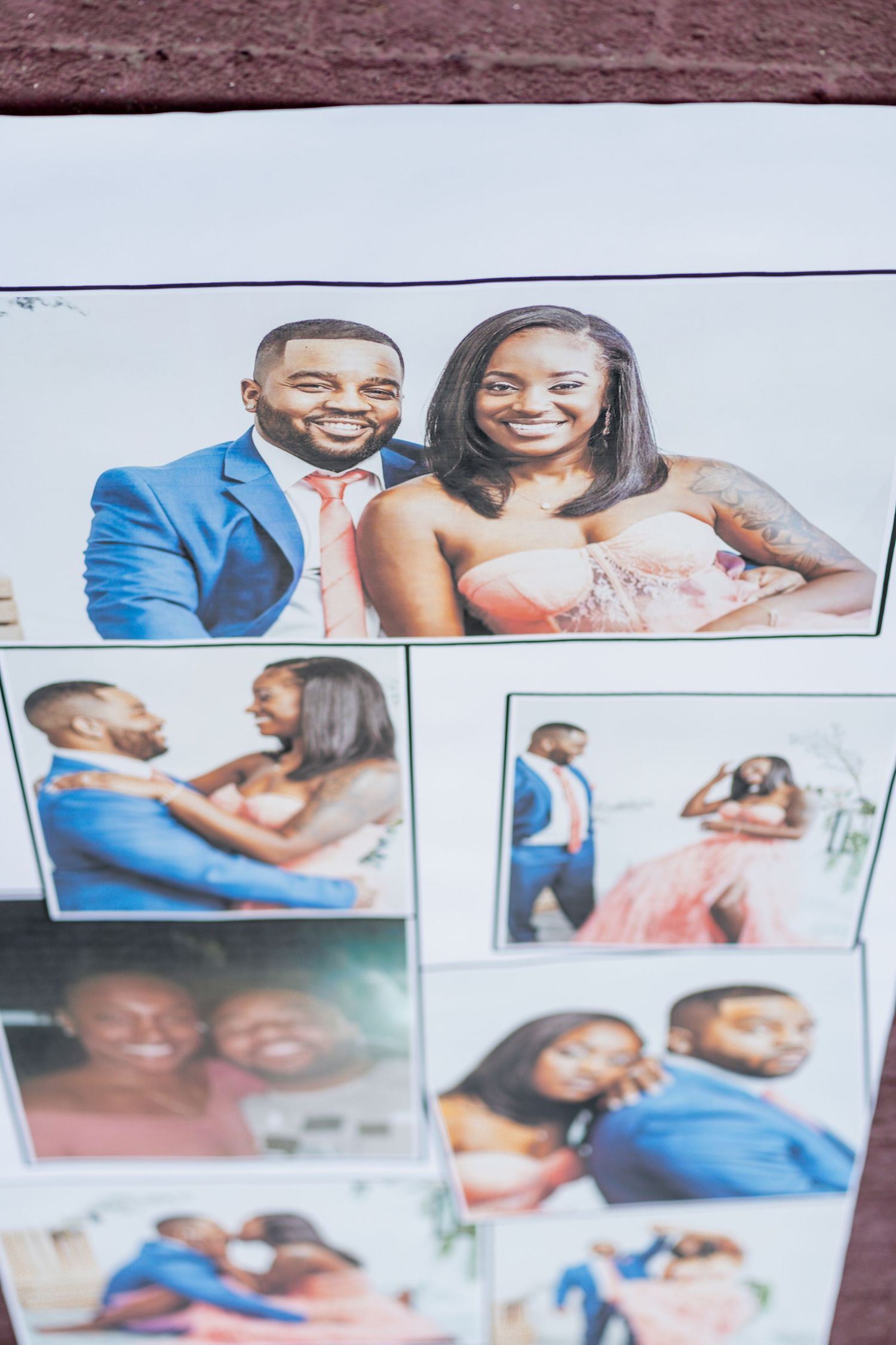 Wedding photo collage displayed on white paper showing couple's engagement pictures.