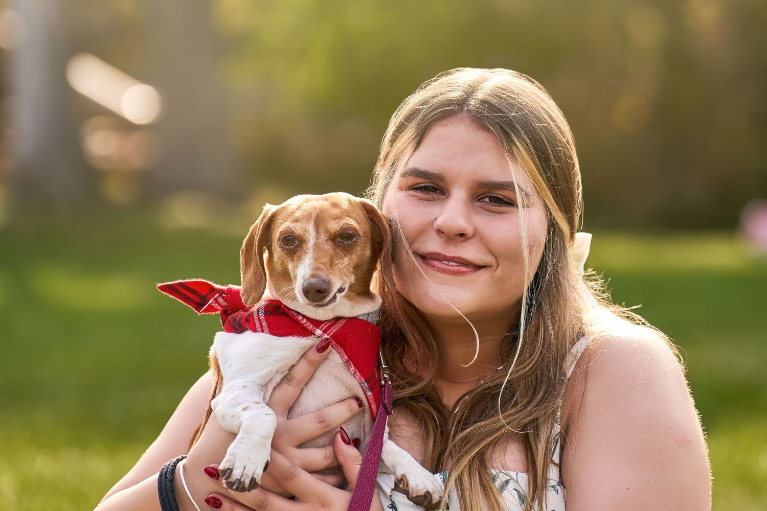 A person and a beagle puppy share tender moments outdoors in a series of connected photos with natural lighting.