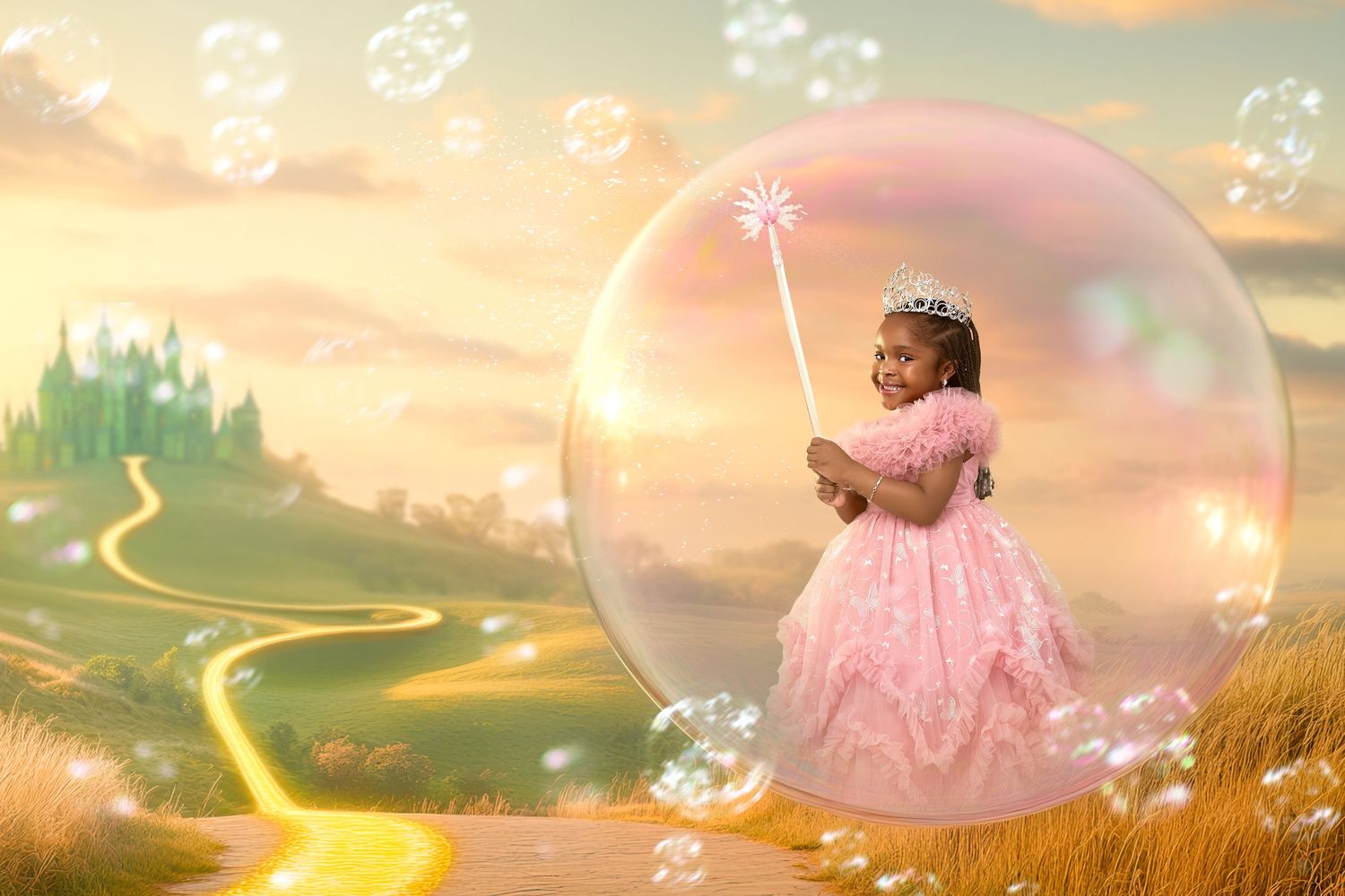 A magical fantasy scene shows a figure in a pink dress holding a wand within a bubble surrounded by sparkling lights at sunset.