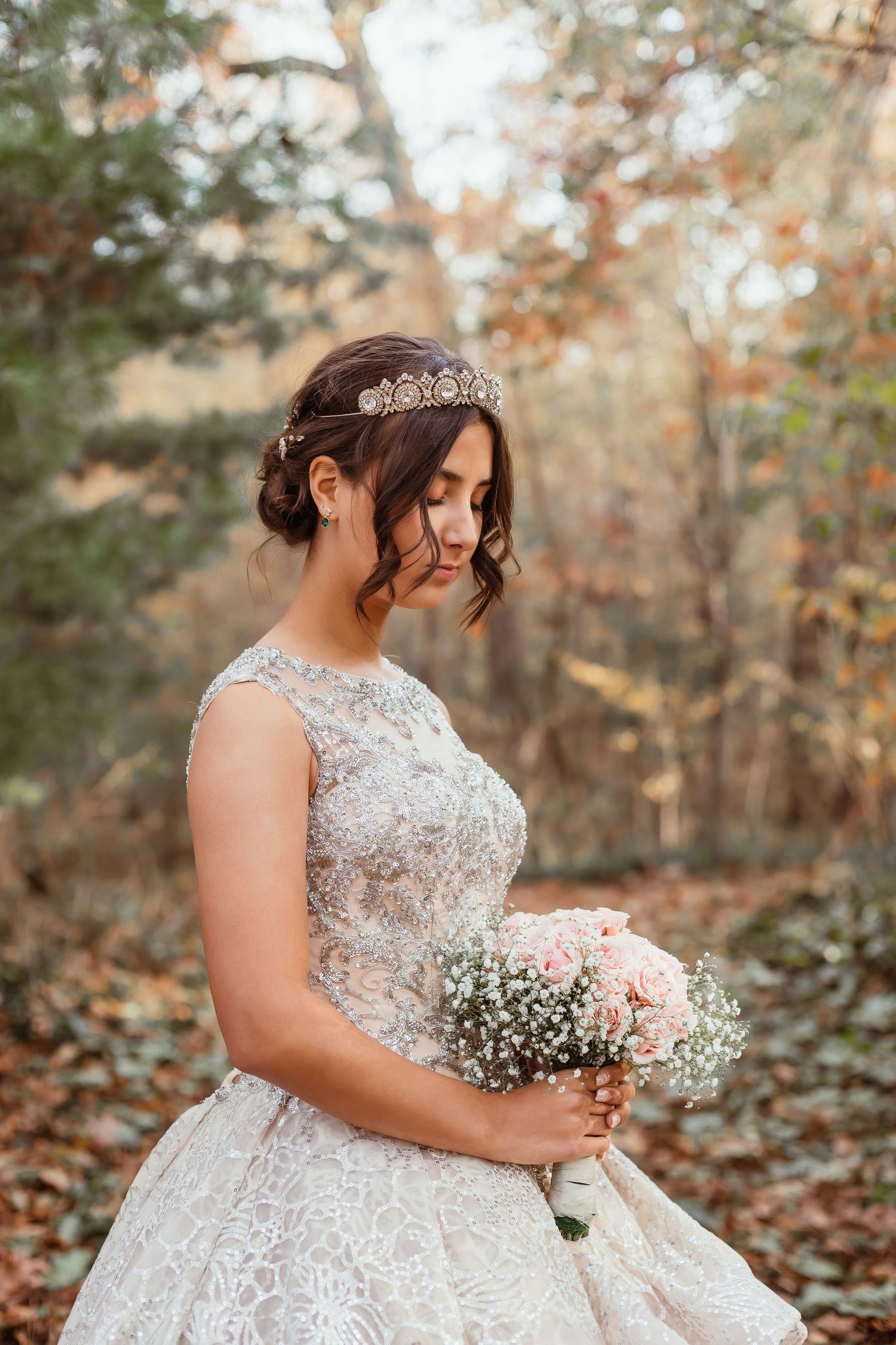 Side profile of an elegant bridal look featuring a crystal tiara and lace ball gown.