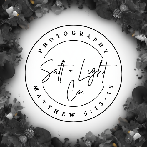 Salt + Light Co. Photography logo with Matthew 5:13-16 text, circular black and white design on floral background.