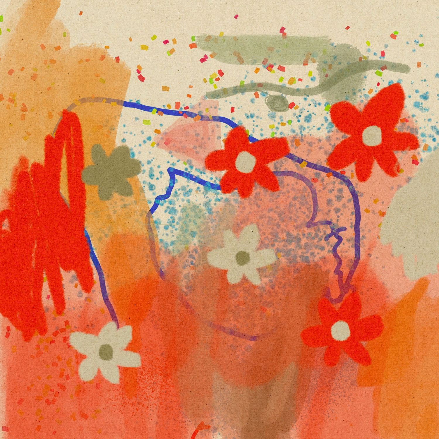 a kids drawing with flowers and blue confetti.