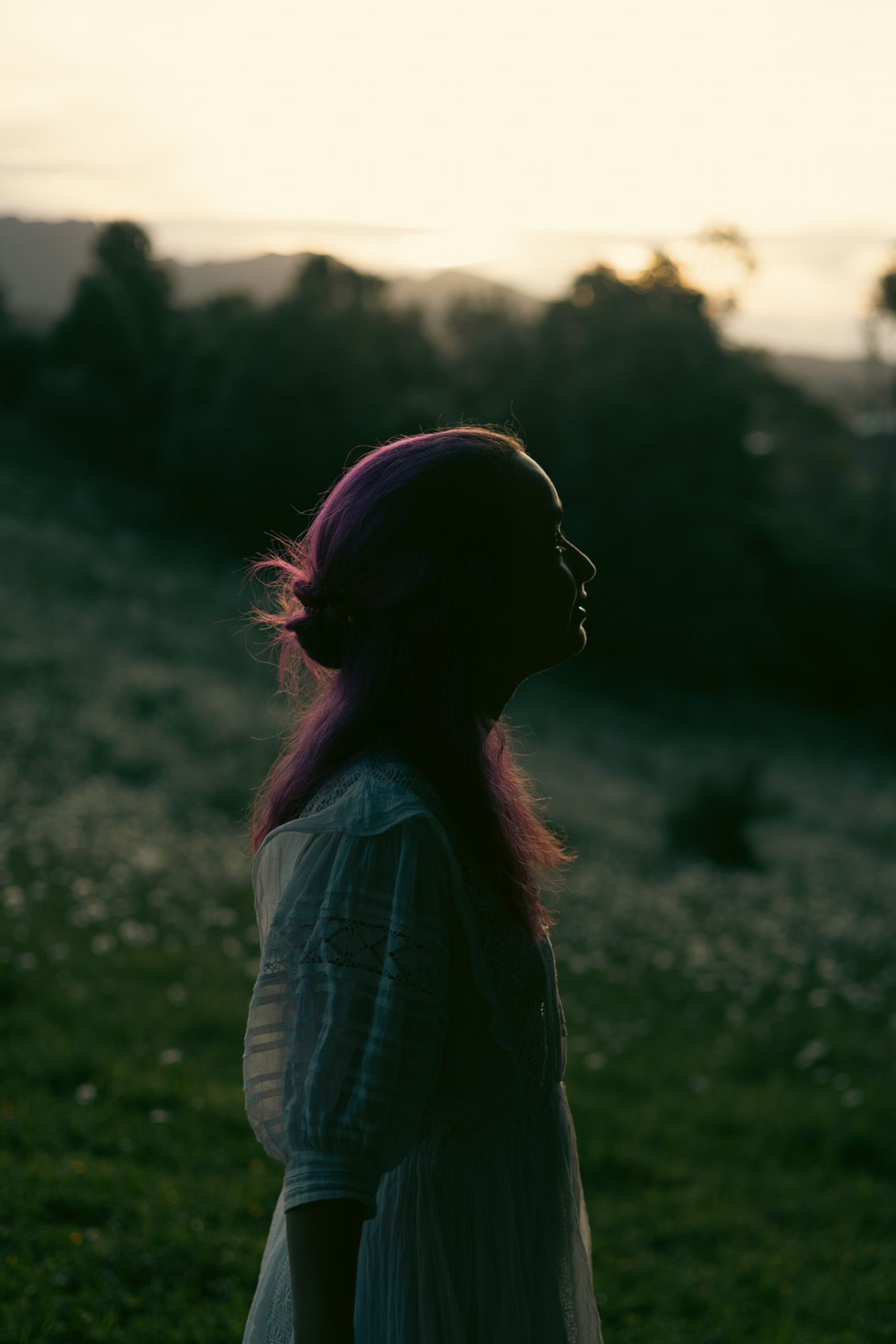 moody silhouette portrait of a woman in a field just after sunset.