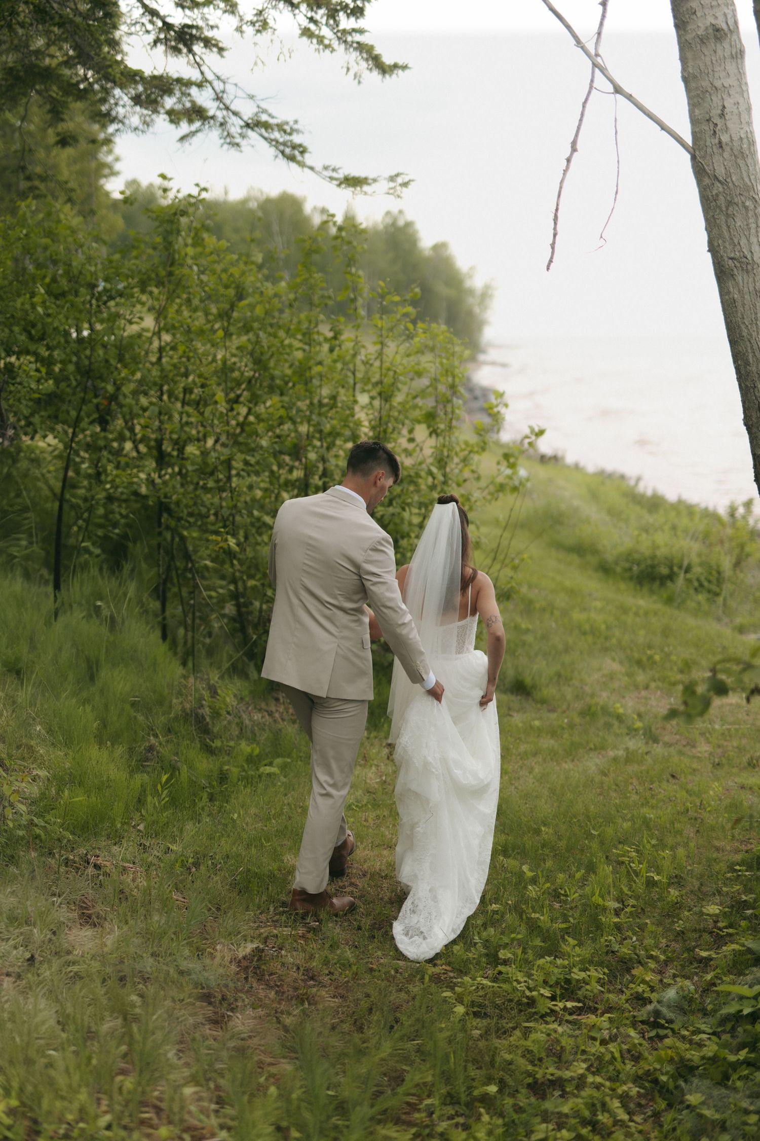 bride and groom at a wedding on lake superior