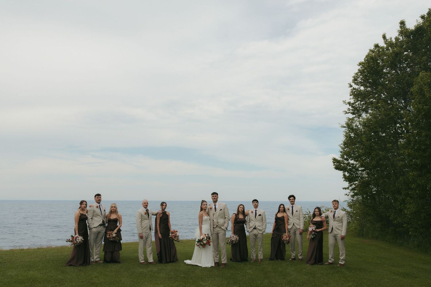 bridal party at a wedding on lake superior