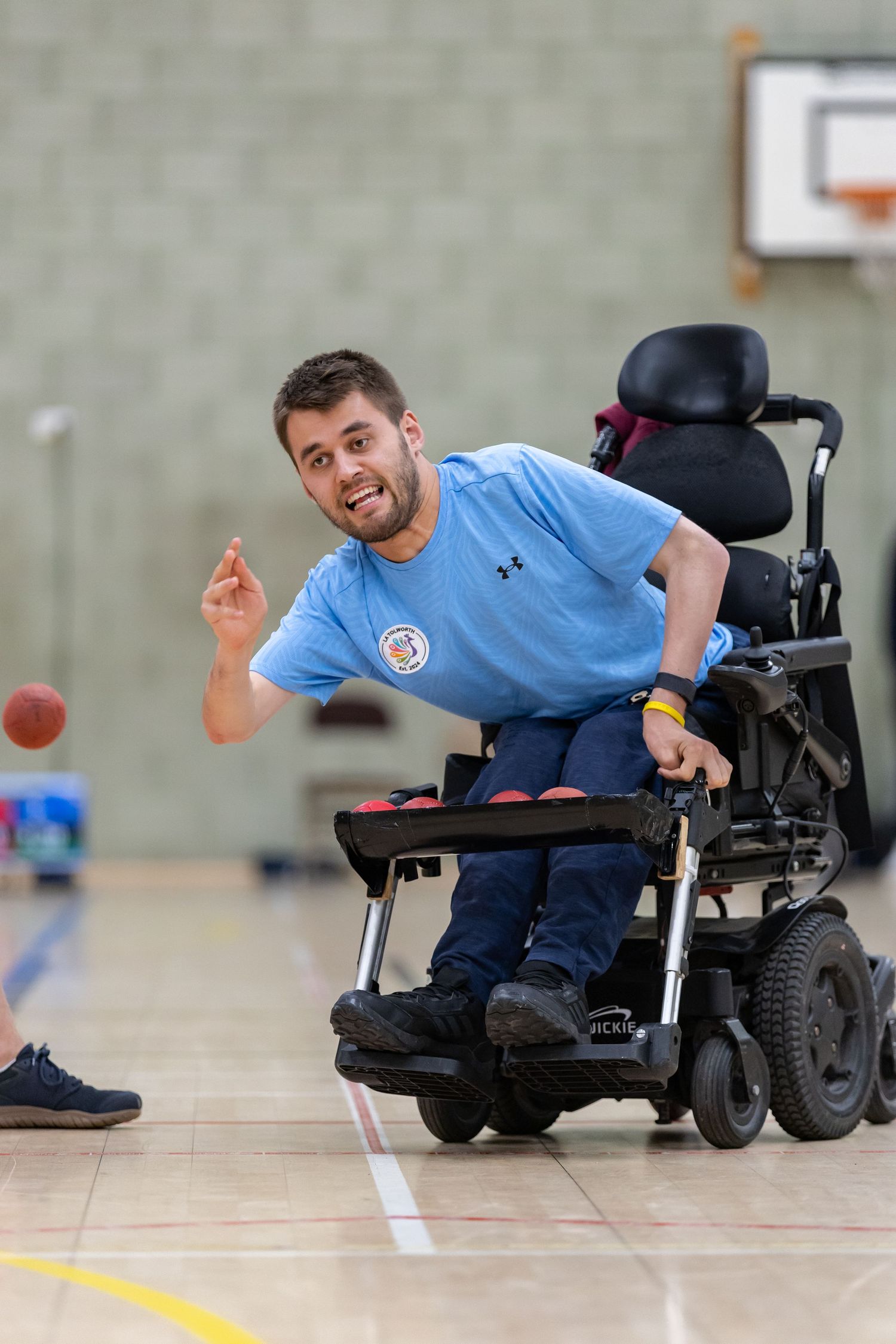 mid swing of boccia player