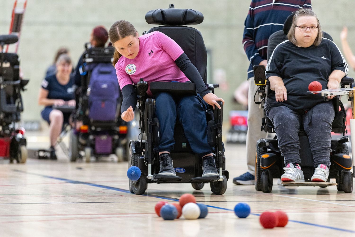 mid swing of boccia player