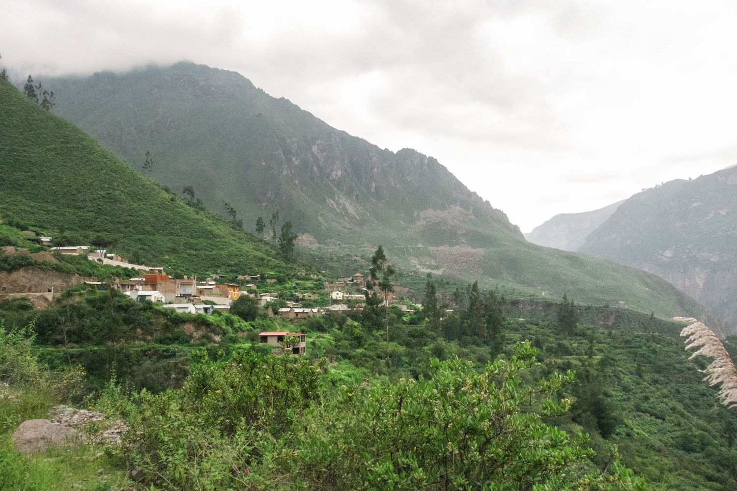 Lush green mountain valley with small village nestled among trees and terraced slopes under overcast skies.