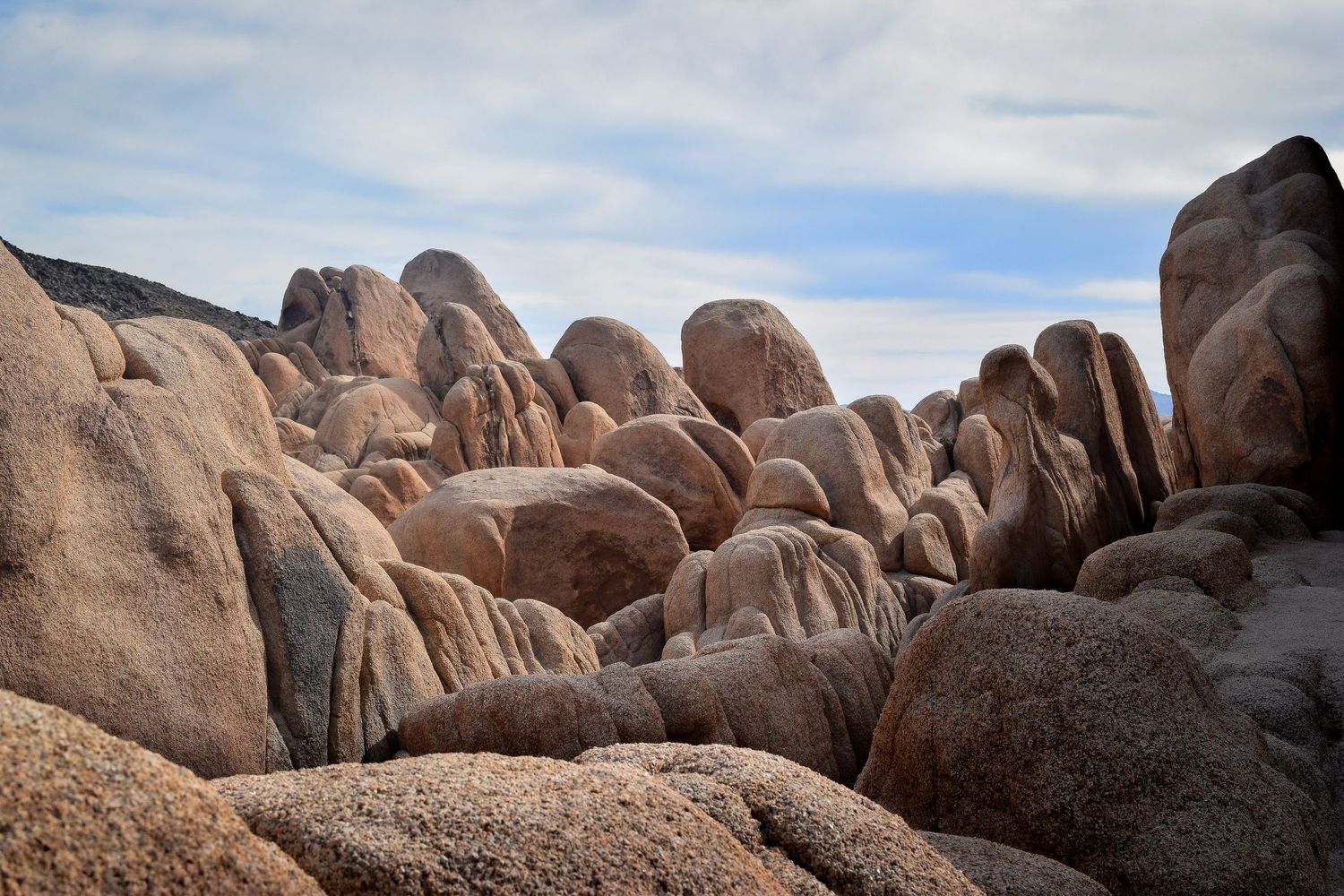 Large rounded granite boulders stacked together under a partly cloudy sky in Joshua Tree National Park, California.