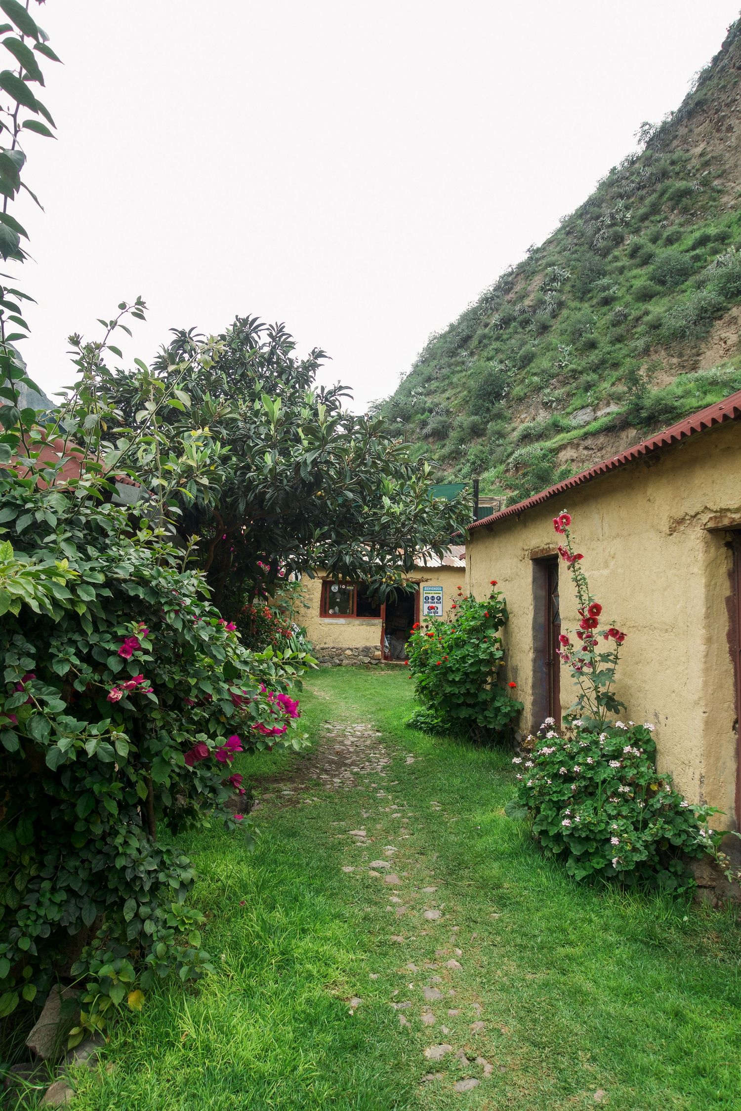 A narrow stone path winds through a lush garden beside rustic yellow adobe buildings with a green mountain backdrop.