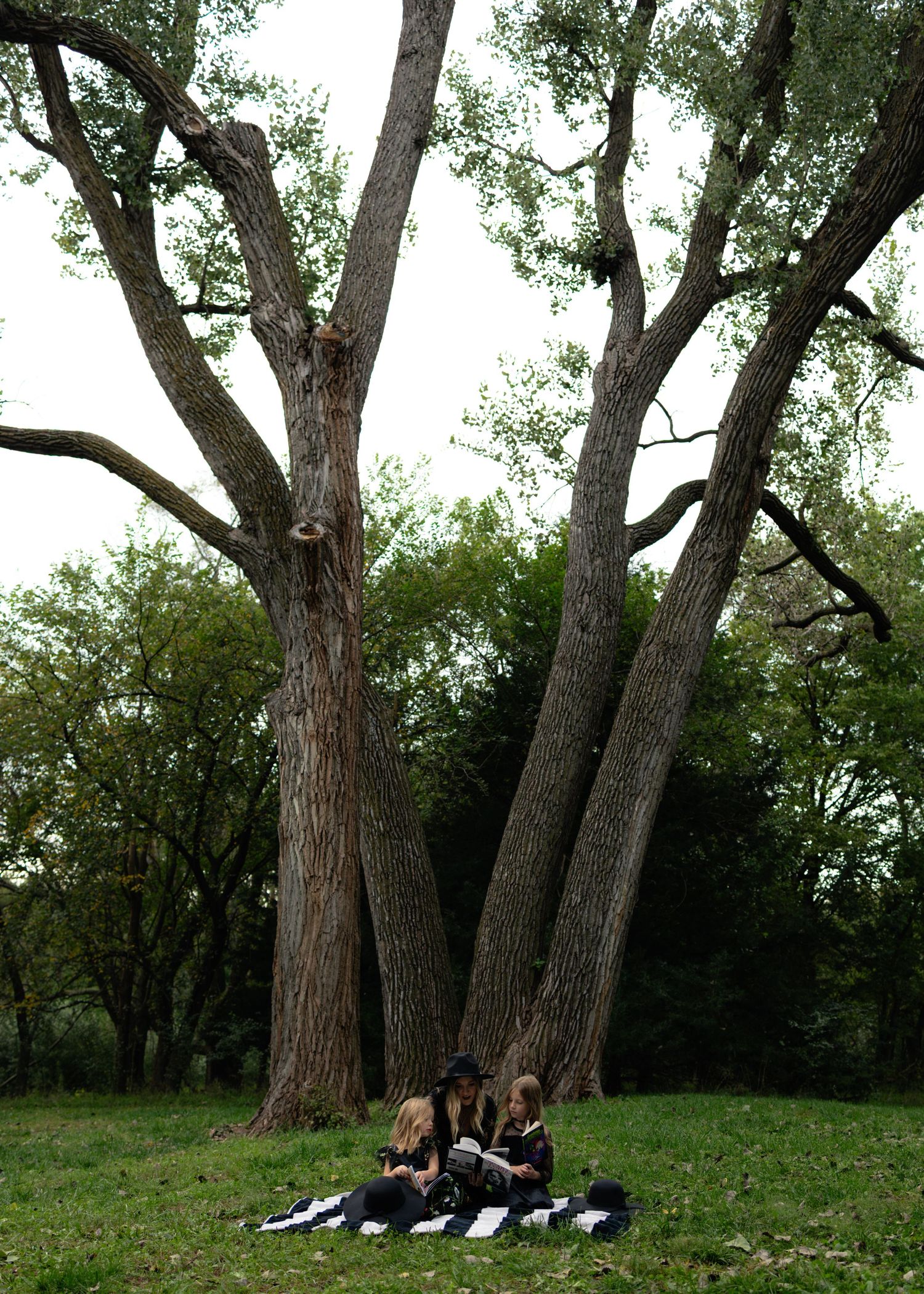 Three people in black witch costumes sit together under large trees on a checkered blanket.