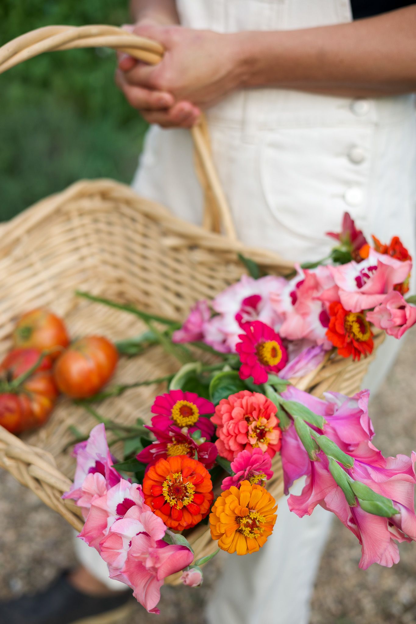 Person holding a wicker basket filled with colorful zinnias, gladiolus flowers, and fresh tomatoes from a garden.