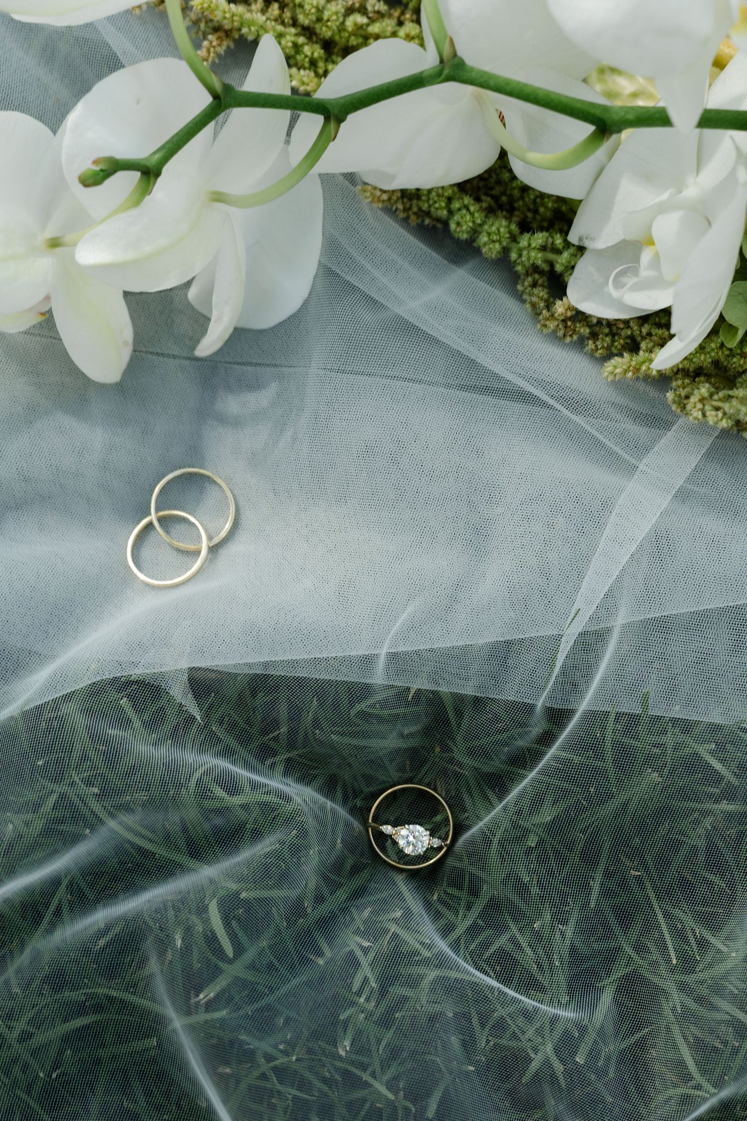 Wedding rings and diamond engagement ring on sheer veil with white orchids and greenery.