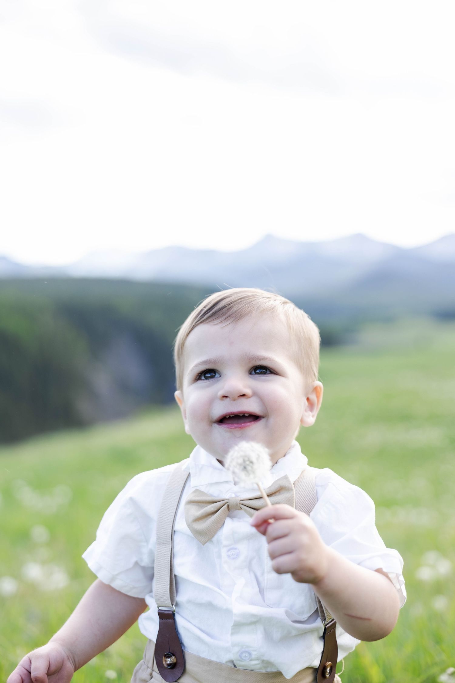 Smiling baby boy in white shirt, bow tie, and suspenders holding a dandelion in a green mountain meadow.