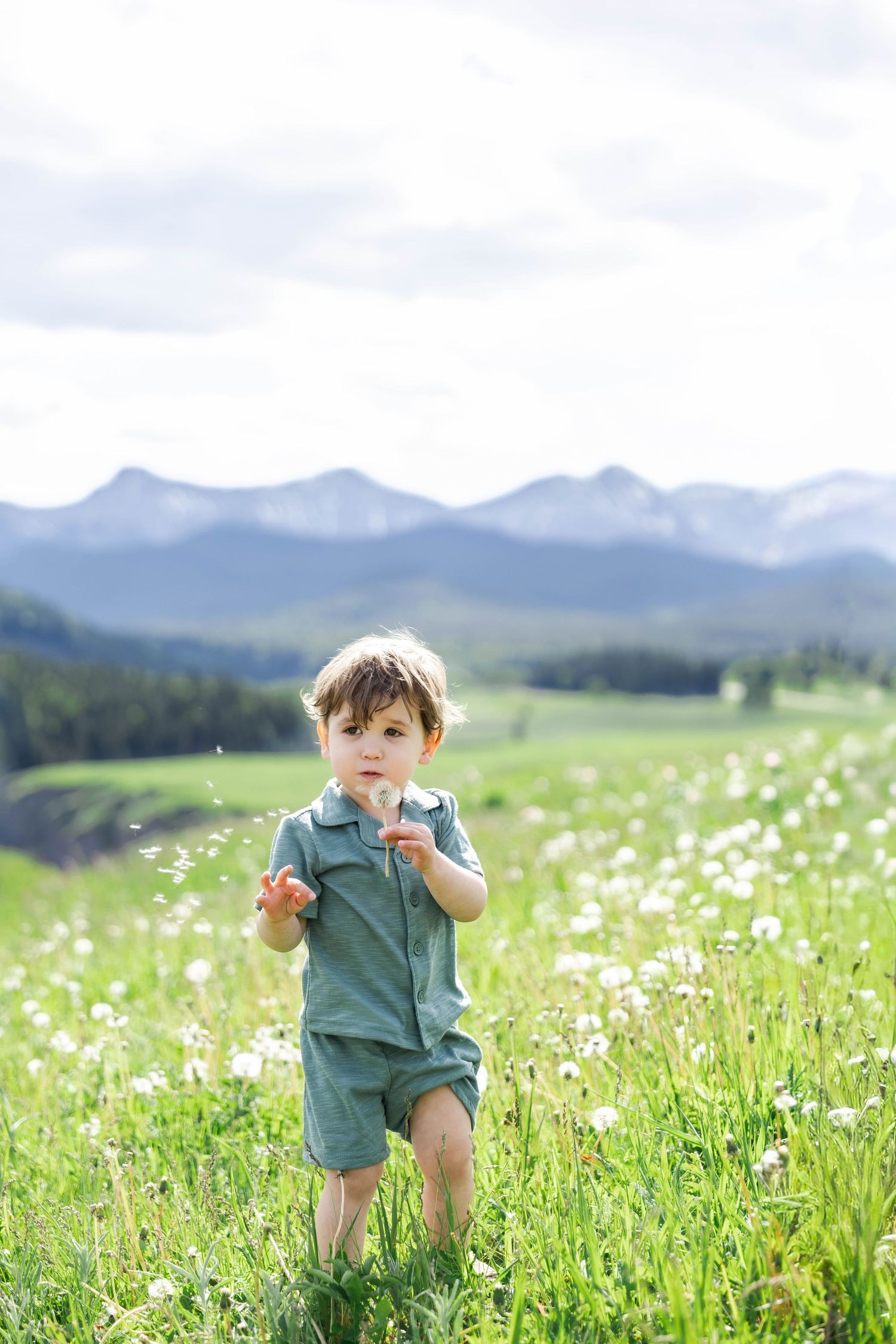 Toddler boy in green romper blowing dandelion in mountain meadow with Rocky Mountain peaks in background.