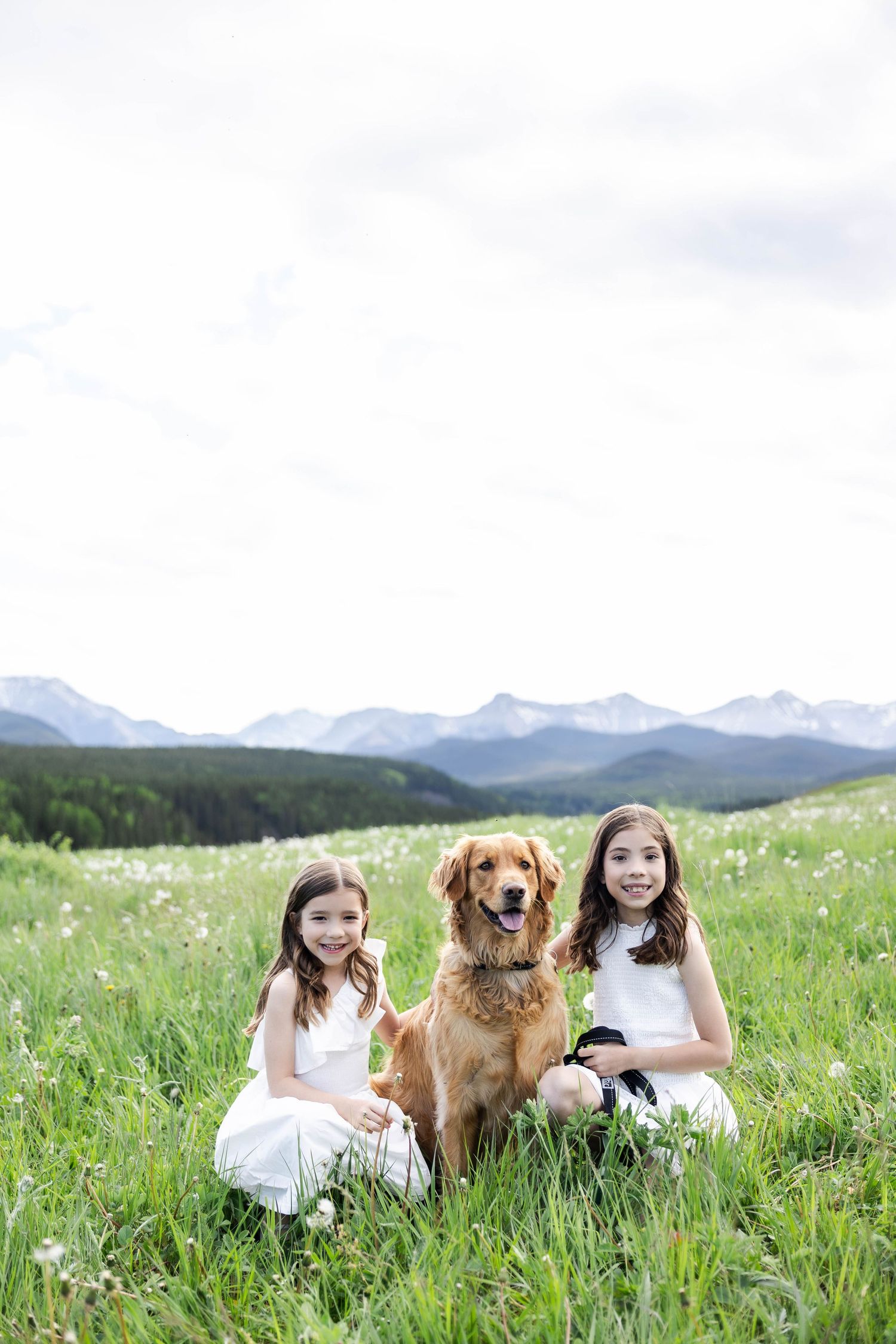 Two girls in white dresses sit with a golden retriever in a mountain meadow with snow-capped peaks in the background.