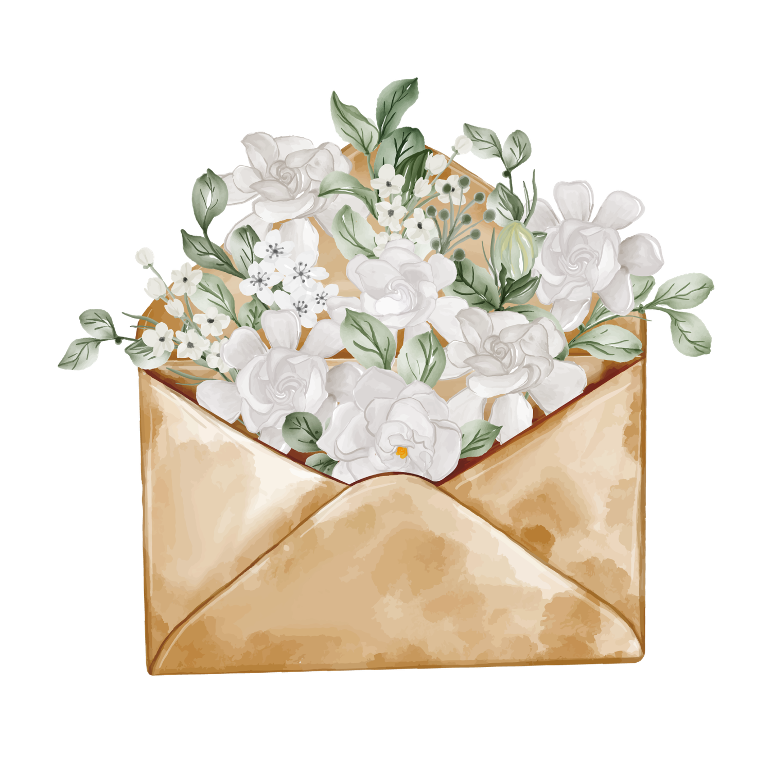Watercolor illustration of white flowers and green leaves spilling out of a kraft envelope.