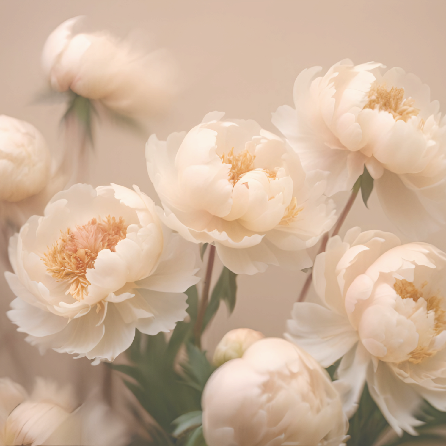 Soft cream and blush peony flowers in full bloom against a warm beige background.