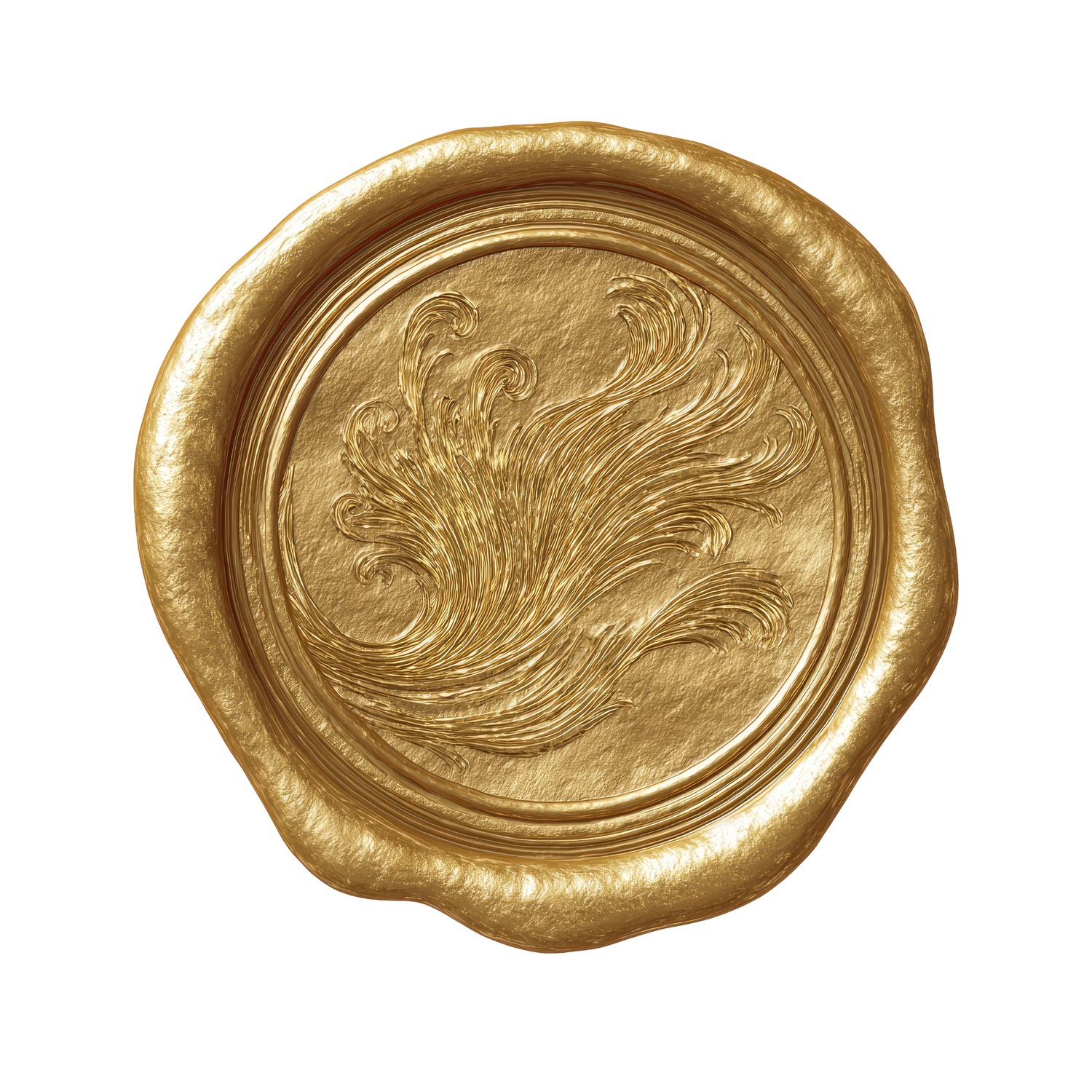 Ornate gold wax seal with decorative swirl pattern, perfect for wedding invitations and stationery.