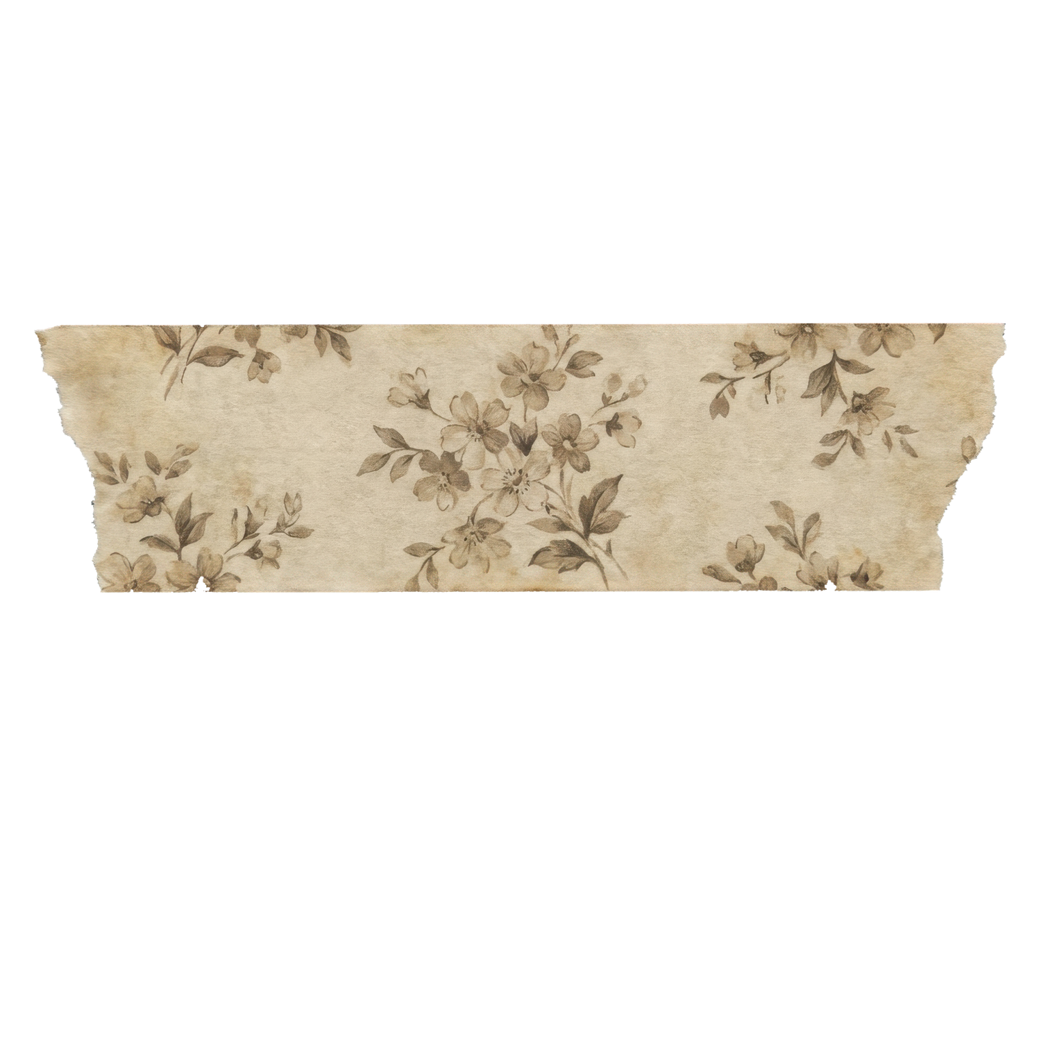 Vintage floral washi tape strip with sepia toned blossoms on aged parchment background.
