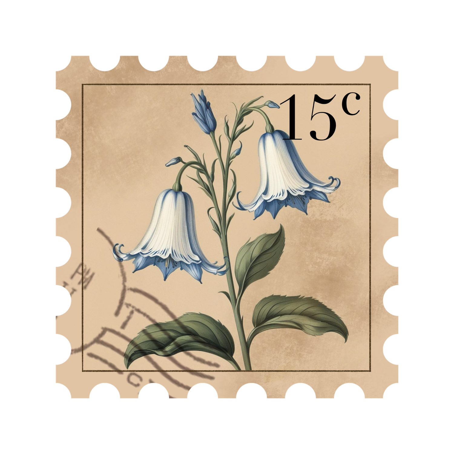 Vintage botanical postage stamp featuring blue bell flowers on aged beige background valued at 15 cents.