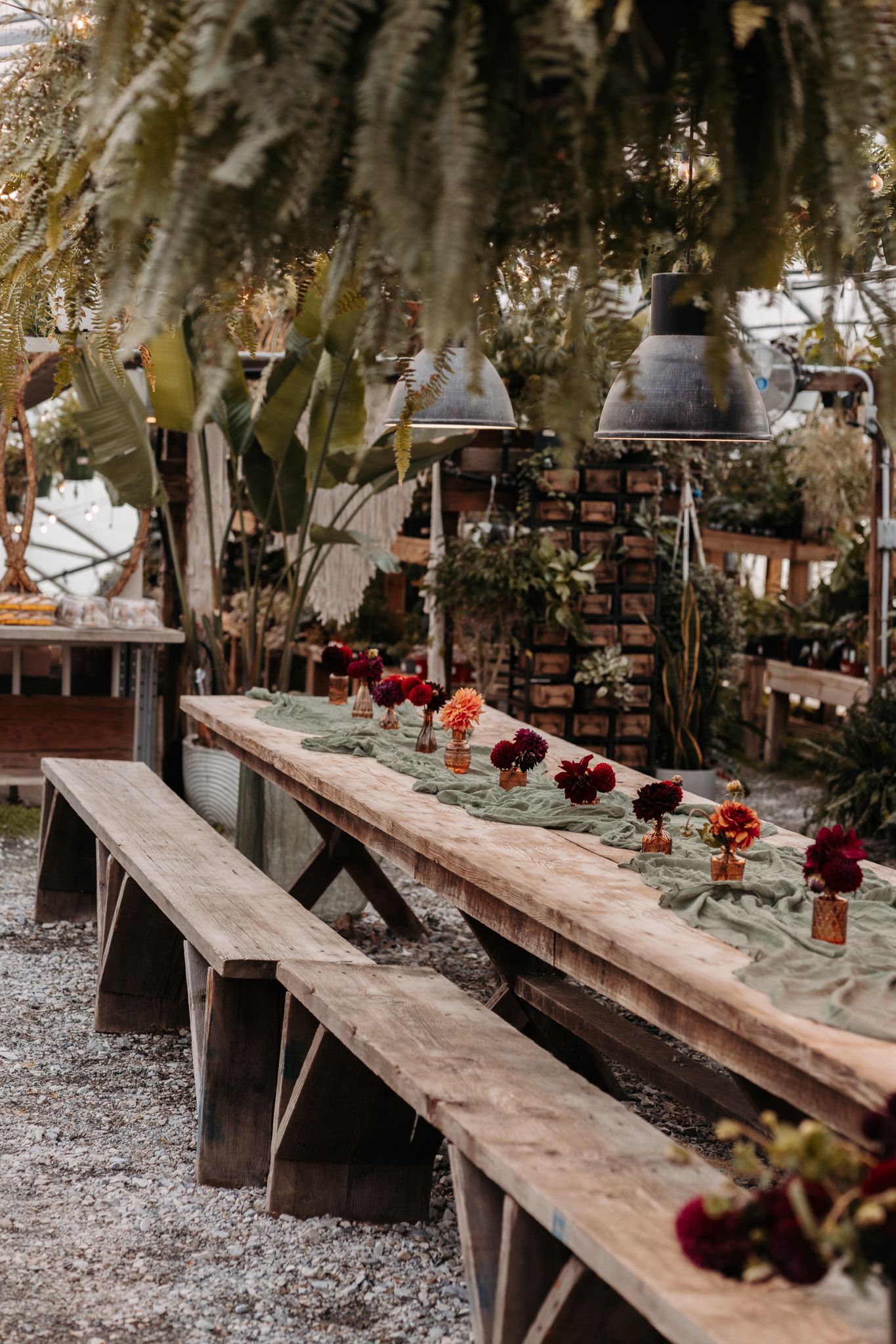 Rustic wooden farm tables with red floral centerpieces in greenhouse wedding venue.