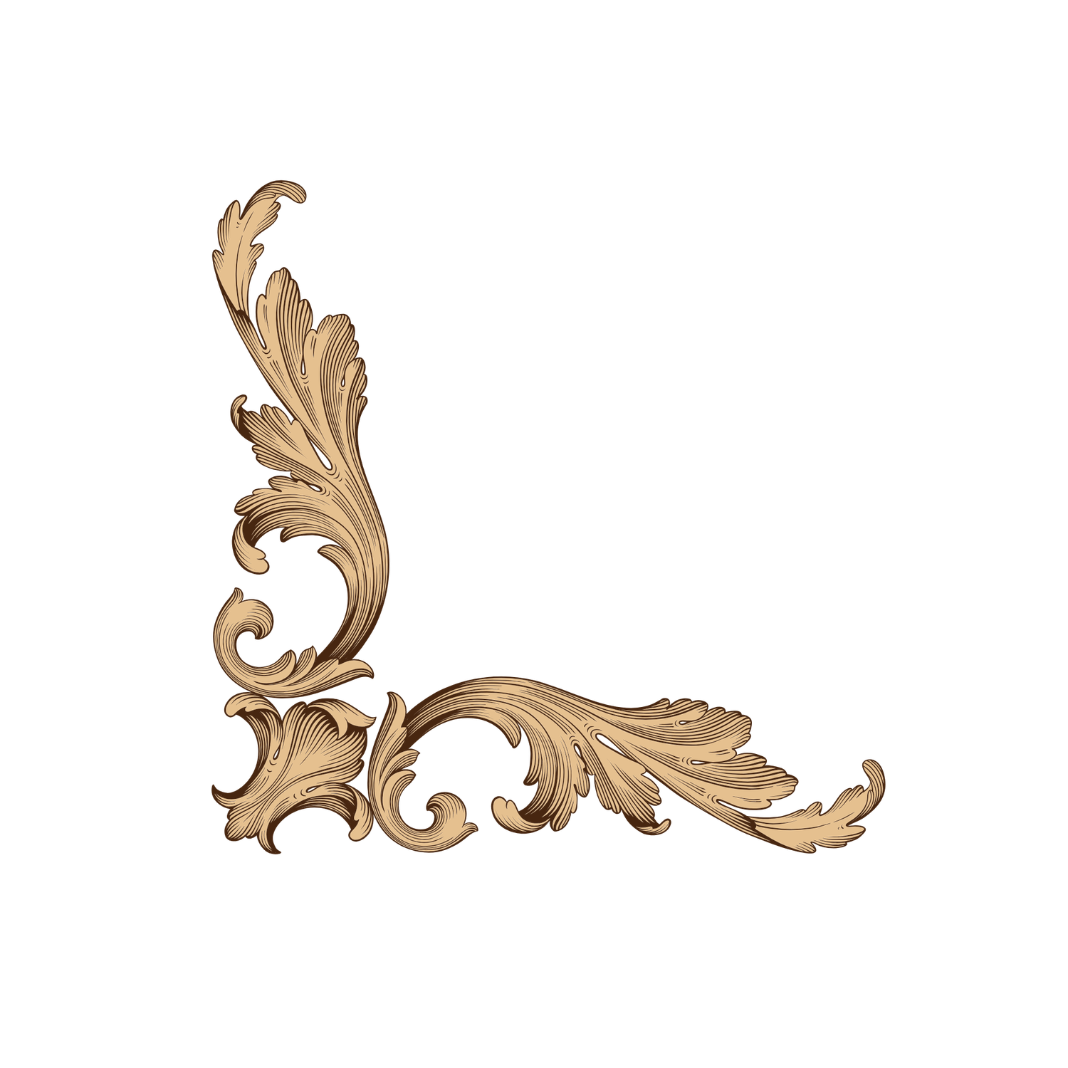 An ornate golden baroque corner ornament featuring intricate acanthus leaf scrollwork on a white background.