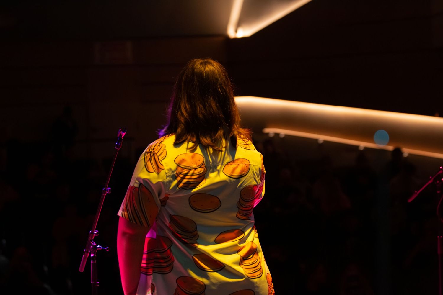 A person singing into a microphone with a blurred audience in front of them.