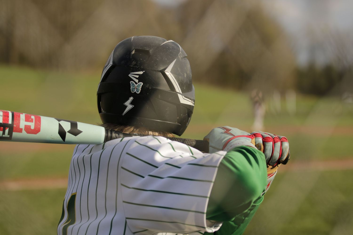 Baseball player holding a bat, seen through a diagonal fence.