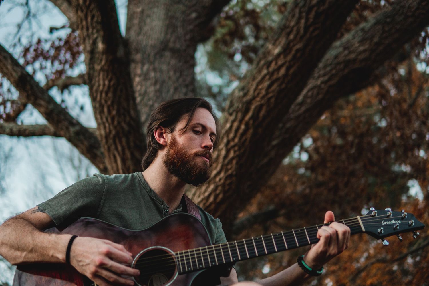 Bearded man playing acoustic guitar outdoors beneath a large tree in warm natural light.
