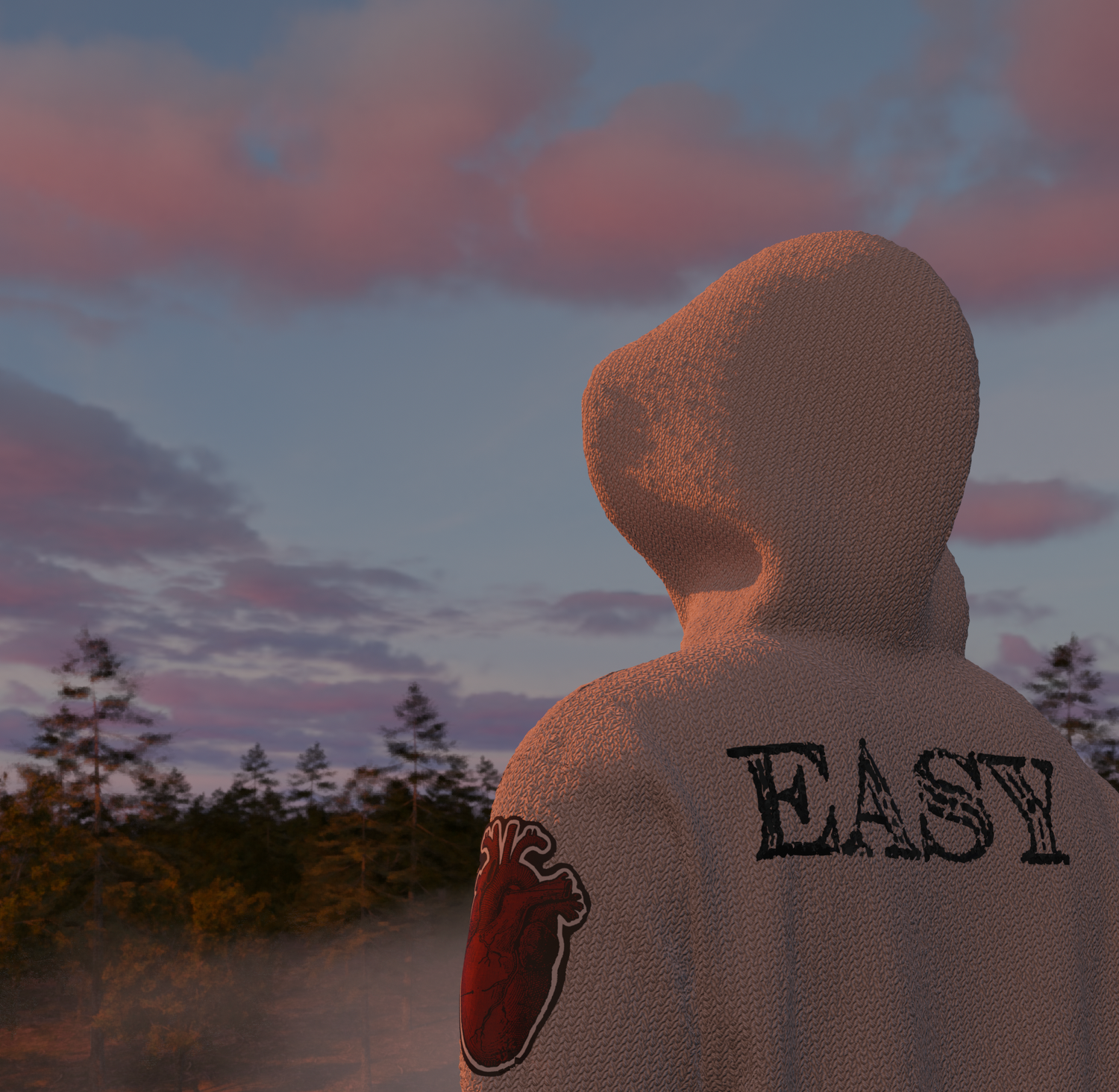 Person in a white hoodie with EASY text standing outdoors at dusk with colorful clouds.