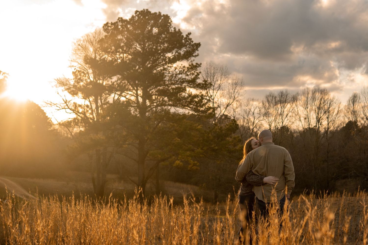 Couple embracing in a golden field at sunset with a large tree and dramatic sky behind them.